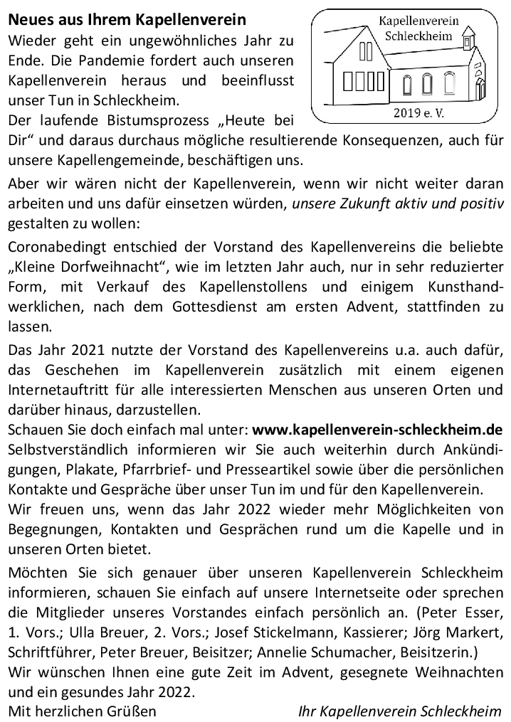 Pfarrbrief Schleckheim Kapellenverein Artikel Dezember 2021 Januar 2022