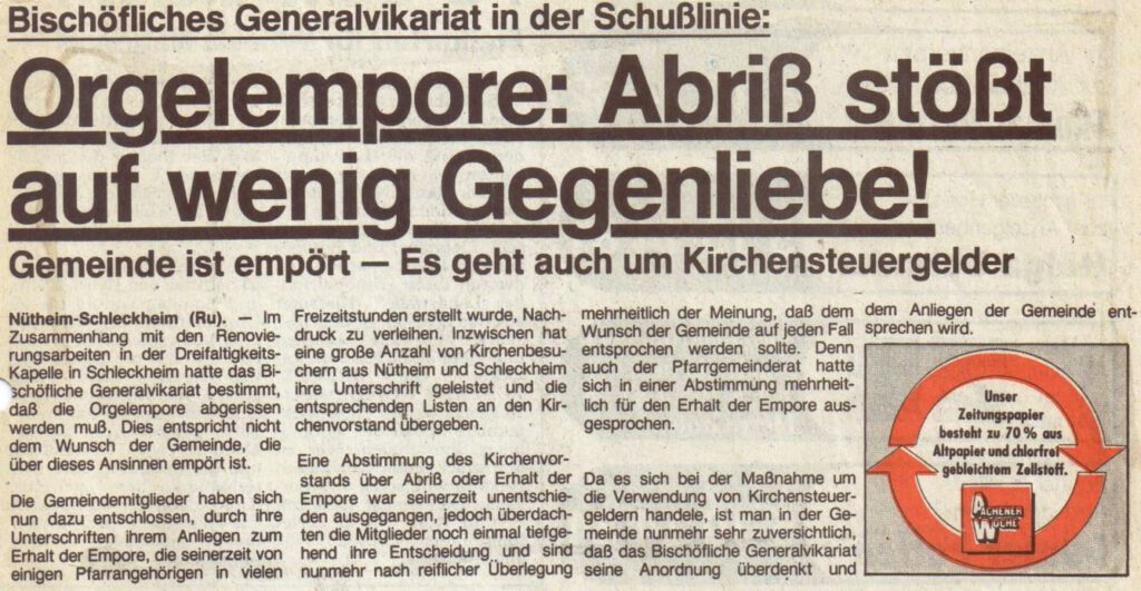 Zeitungsartikel Abriss Orgelbühne Kapelle Schleckheim 1993