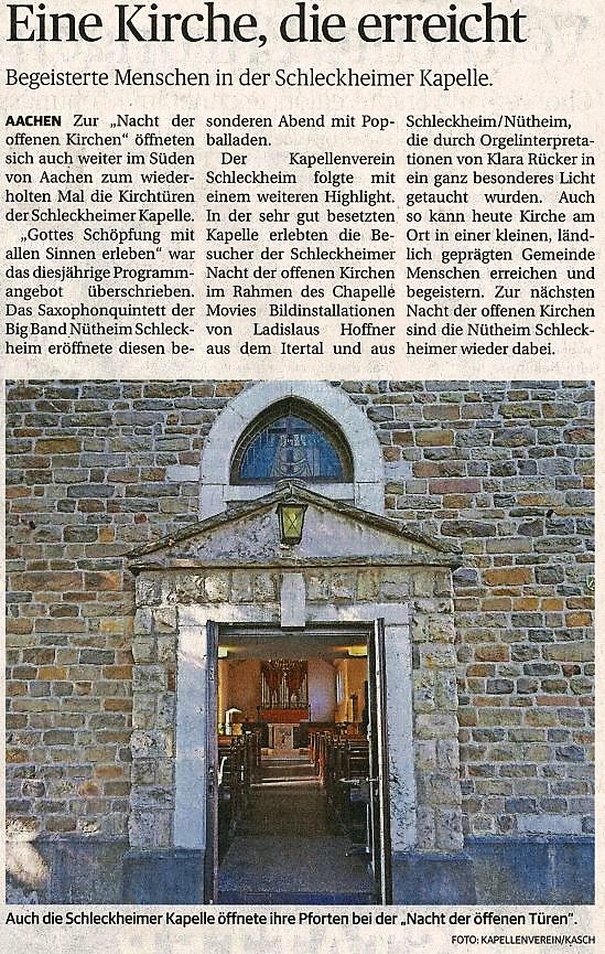 NOK Nacht der offenen Kirchen 2022 Kapelle Schleckheim Eine Kirche die erreicht Artikel Zeitung am Sonntag